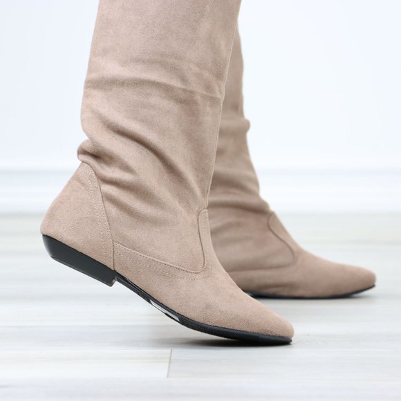 Fold Over Taupe Thigh High Over The Knee Flat No Heel Boots Faux Suede Pointed - Picture 7 of 14